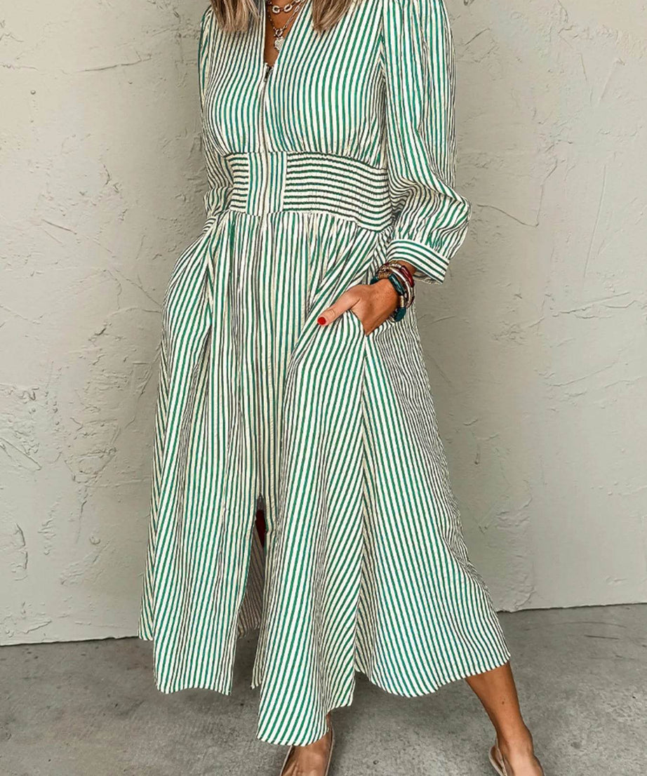 Stripe V Neck Zip Front Cinched High Waist Midi Dress - ELY VESSA LLC
