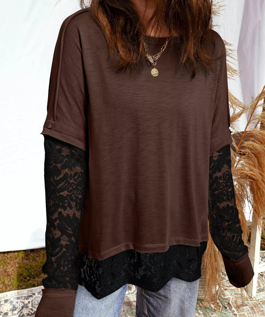 Sheer Lace Patchwork Casual Long Sleeve Top - ELY VESSA LLC