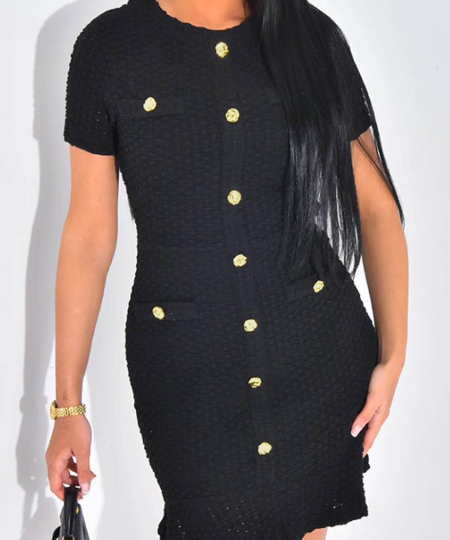 Button-Front Short Sleeve Textured Dress - ELY VESSA LLC