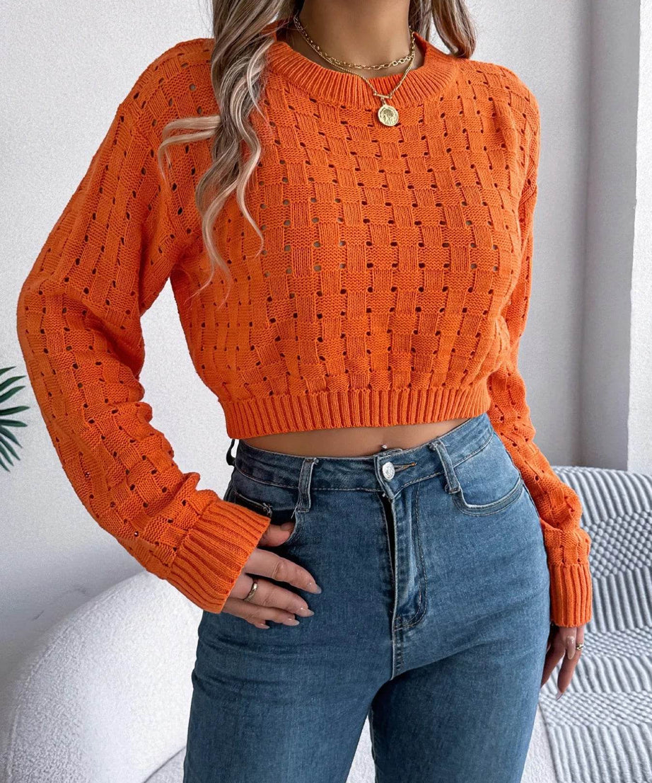 Cutout Back Openwork Round Neck Long Sleeve Sweater - ELY VESSA LLC