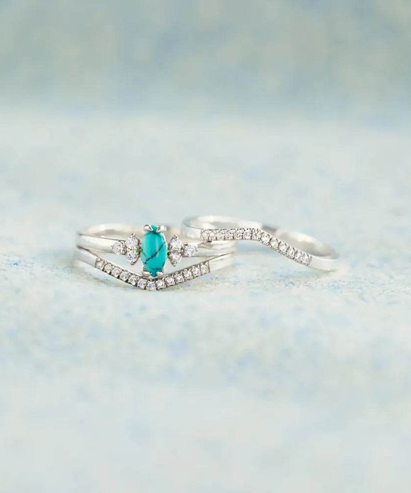 Artificial Turquoise V Shape Inlaid Zircon Ring - ELY VESSA LLC