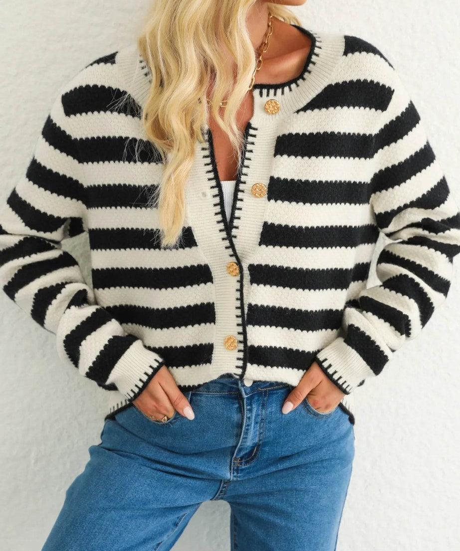 Button Down Striped Long Sleeve Cardigan - ELY VESSA LLC