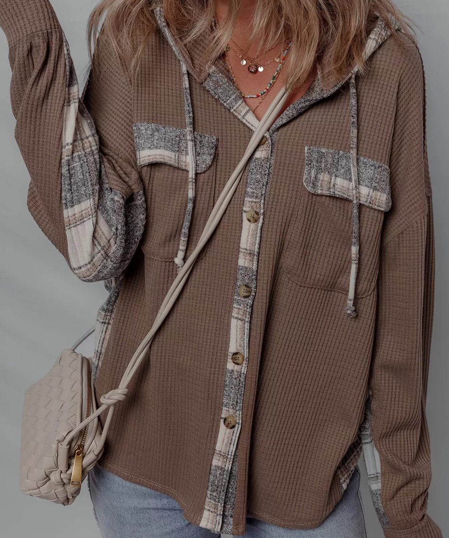 Plaid Patchwork Button Down Drawstring Hooded Shacket - ELY VESSA LLC