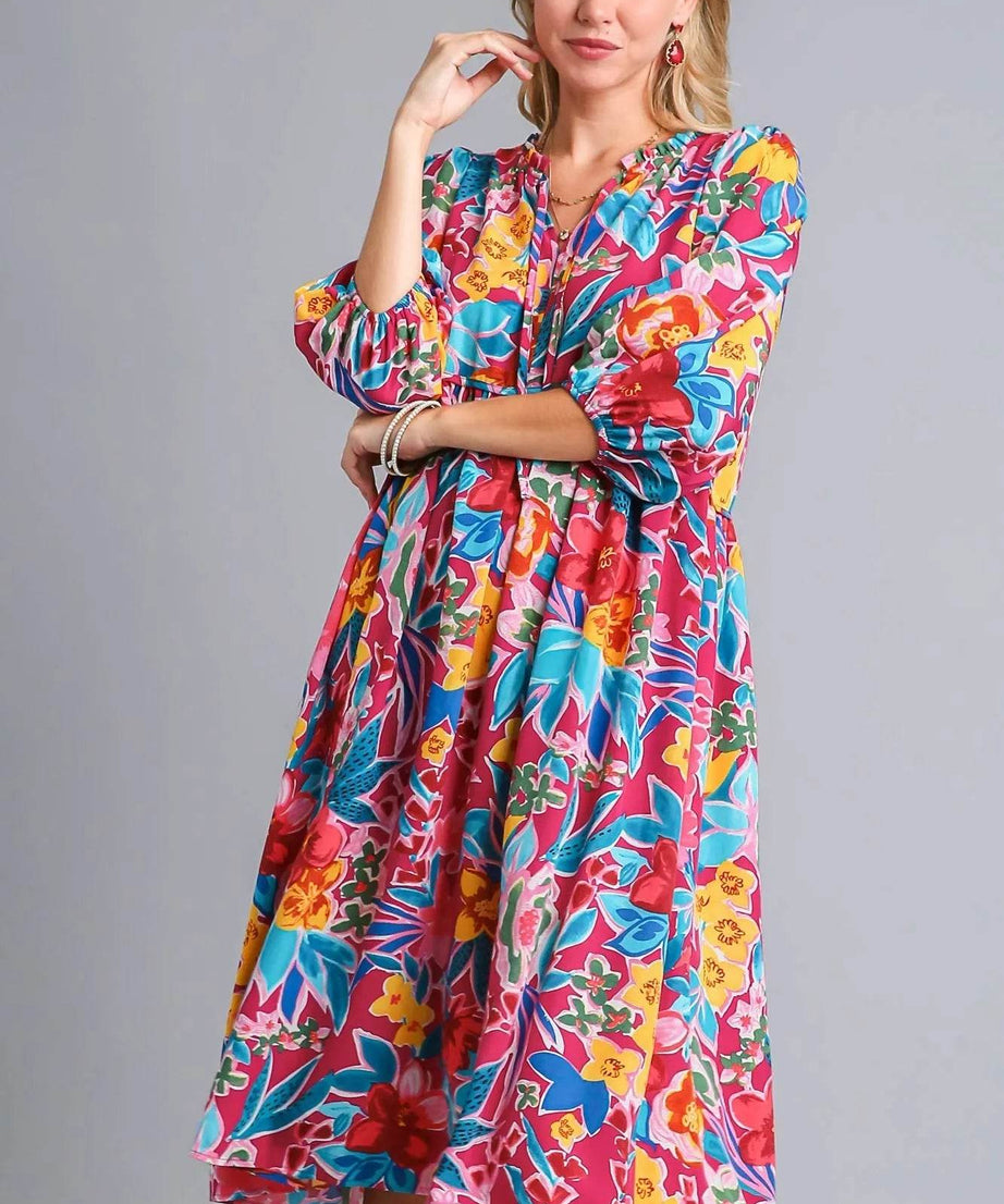 Umgee Full Size Floral Print Tie Neck Midi Dress with Pockets Plus Size - ELY VESSA LLC