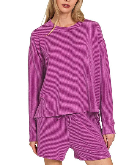 Zenana Corded Rib Long Sleeve Tee and Shorts Set - ELY VESSA LLC