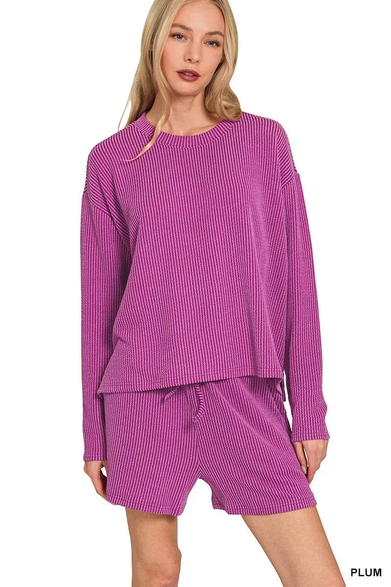 Zenana Corded Rib Long Sleeve Tee and Shorts Set - ELY VESSA LLC