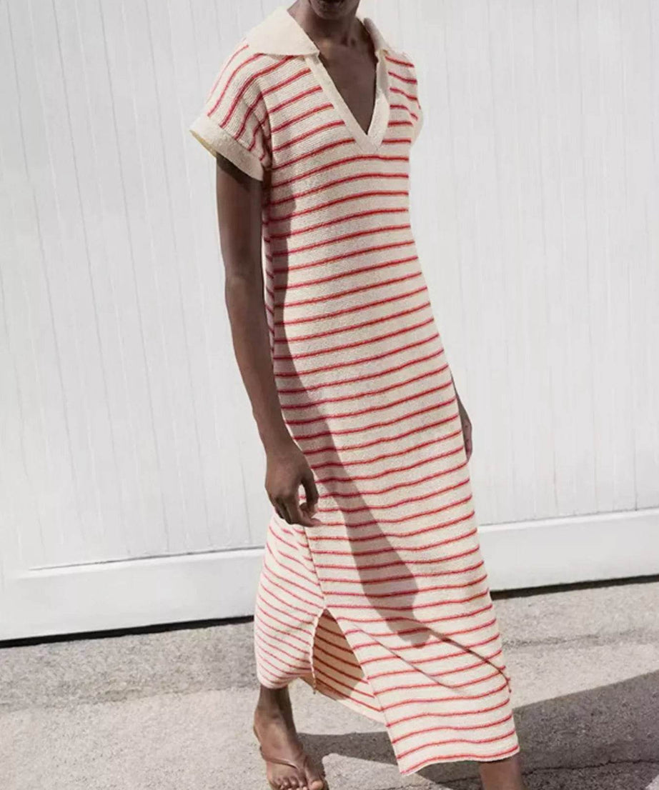 Striped Slit Short Sleeve Maxi Dress - ELY VESSA LLC