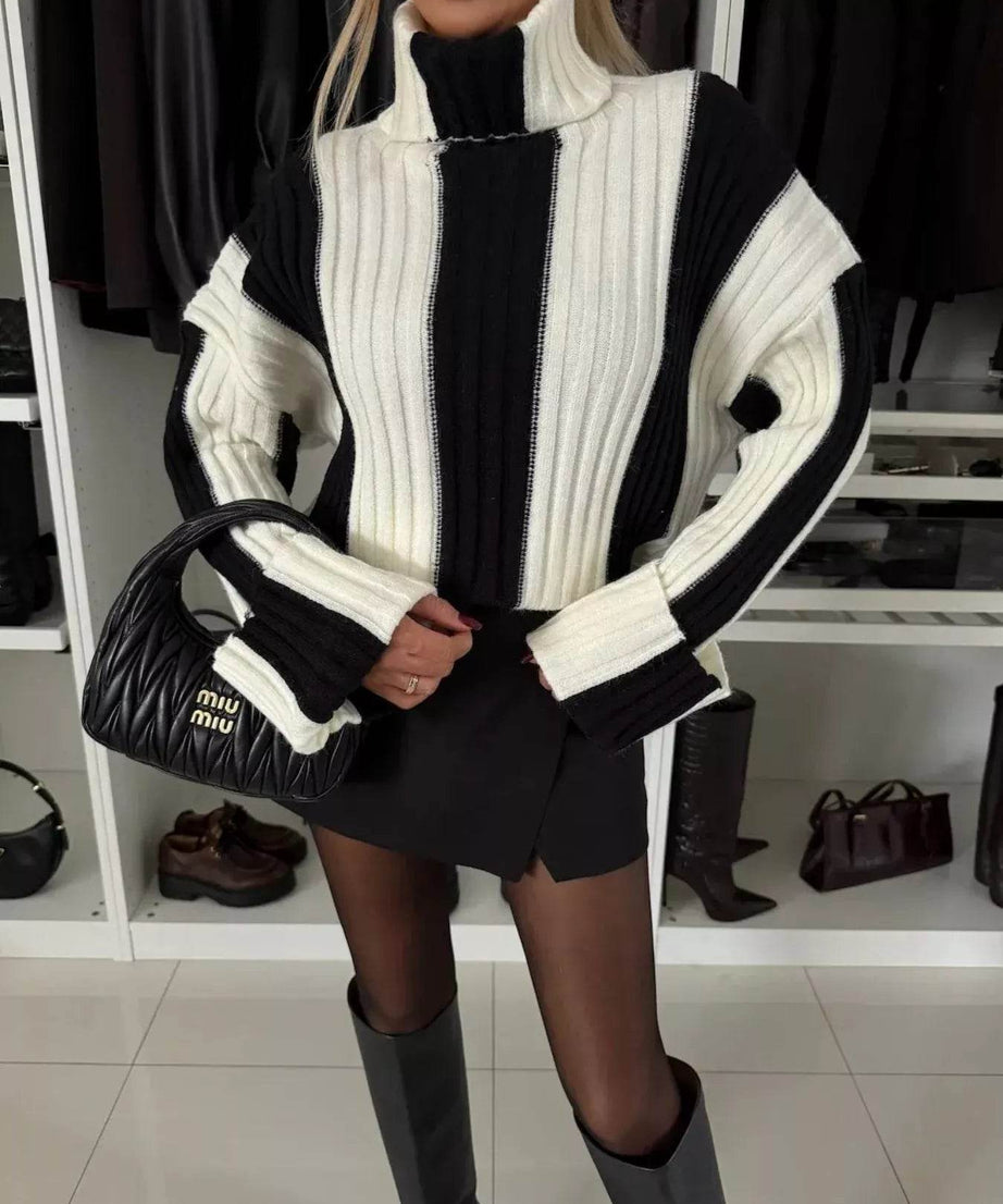 Color Block Ribbed Turtleneck Sweater - ELY VESSA LLC