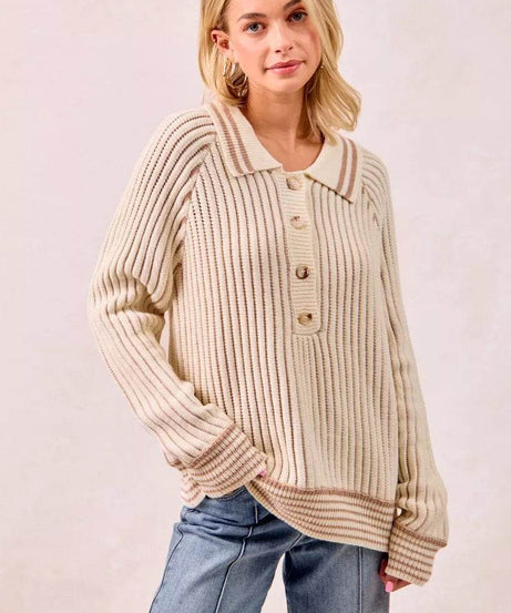 BiBi Half Button Ribbed Two Tone Sweater - ELY VESSA LLC