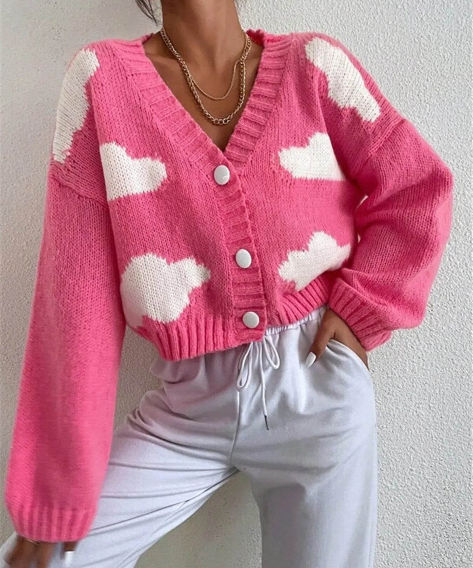 Contrast Cloud Pattern Cropped Button-Up Cardigan - ELY VESSA LLC