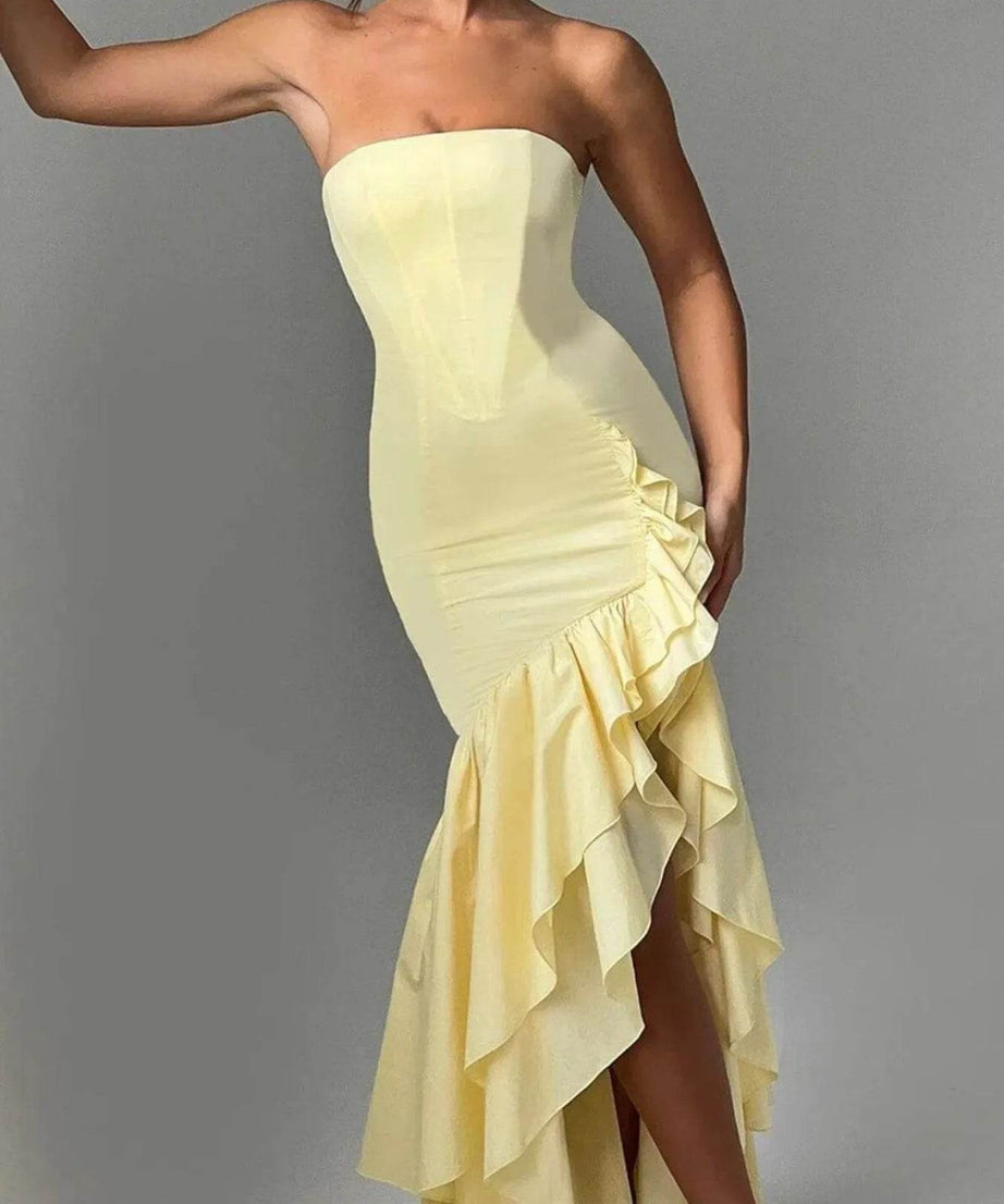 Strapless Ruffle High-Low Bodycon Dress - ELY VESSA LLC