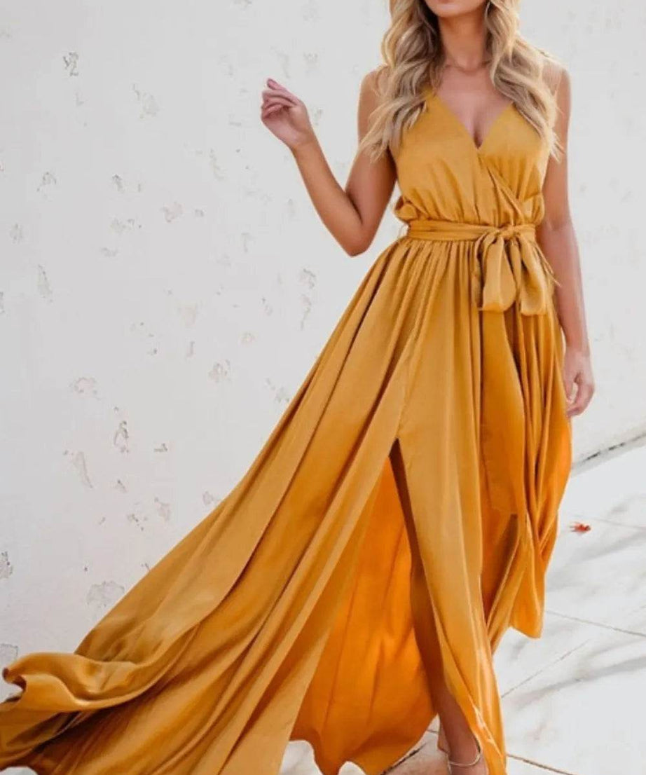 Surplice Tie Waist Maxi Dress - ELY VESSA LLC