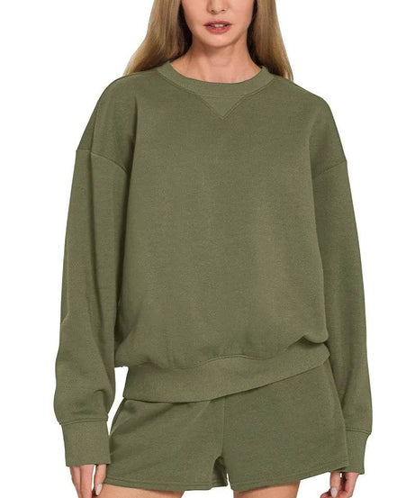 Zenana Fleece Long Sleeve Sweatshirts & Shorts Set - ELY VESSA LLC