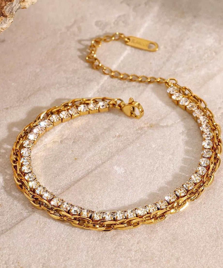 18K Gold-Plated Rhinestone Double Layered Bracelet - ELY VESSA LLC