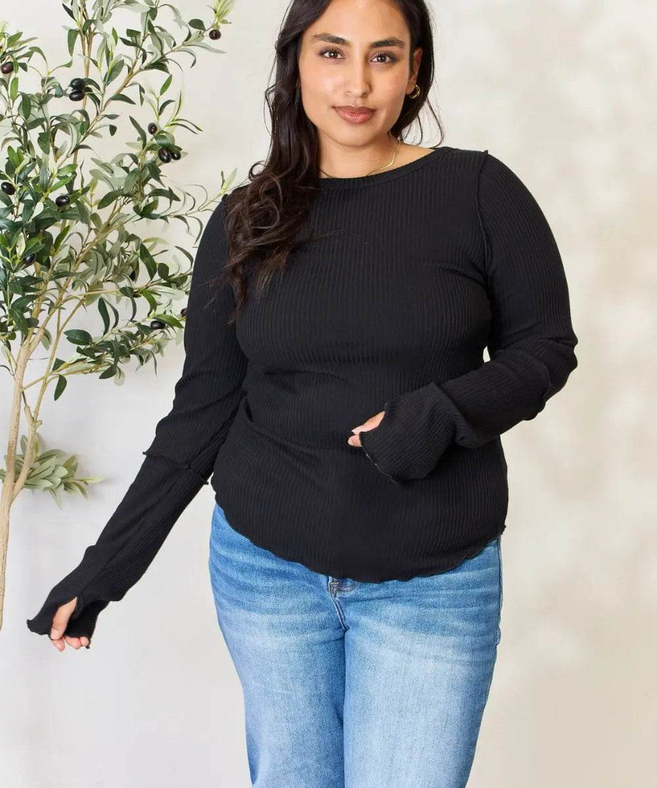 Culture Code Full Size Ribbed Round Neck Long Sleeve Top - ELY VESSA LLC