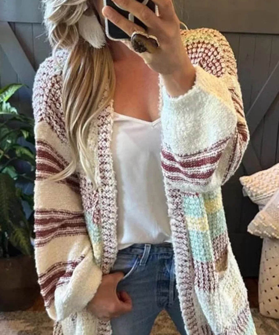 Striped Open Front Longline Cardigan - ELY VESSA LLC