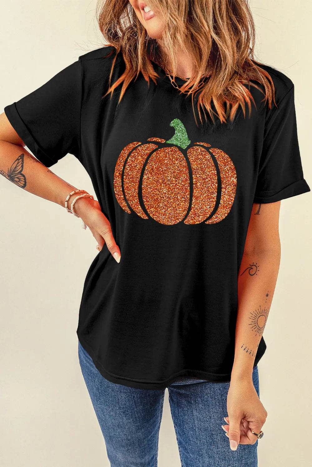 Glitter Pumpkin Round Neck Short Sleeve T-Shirt - ELY VESSA LLC