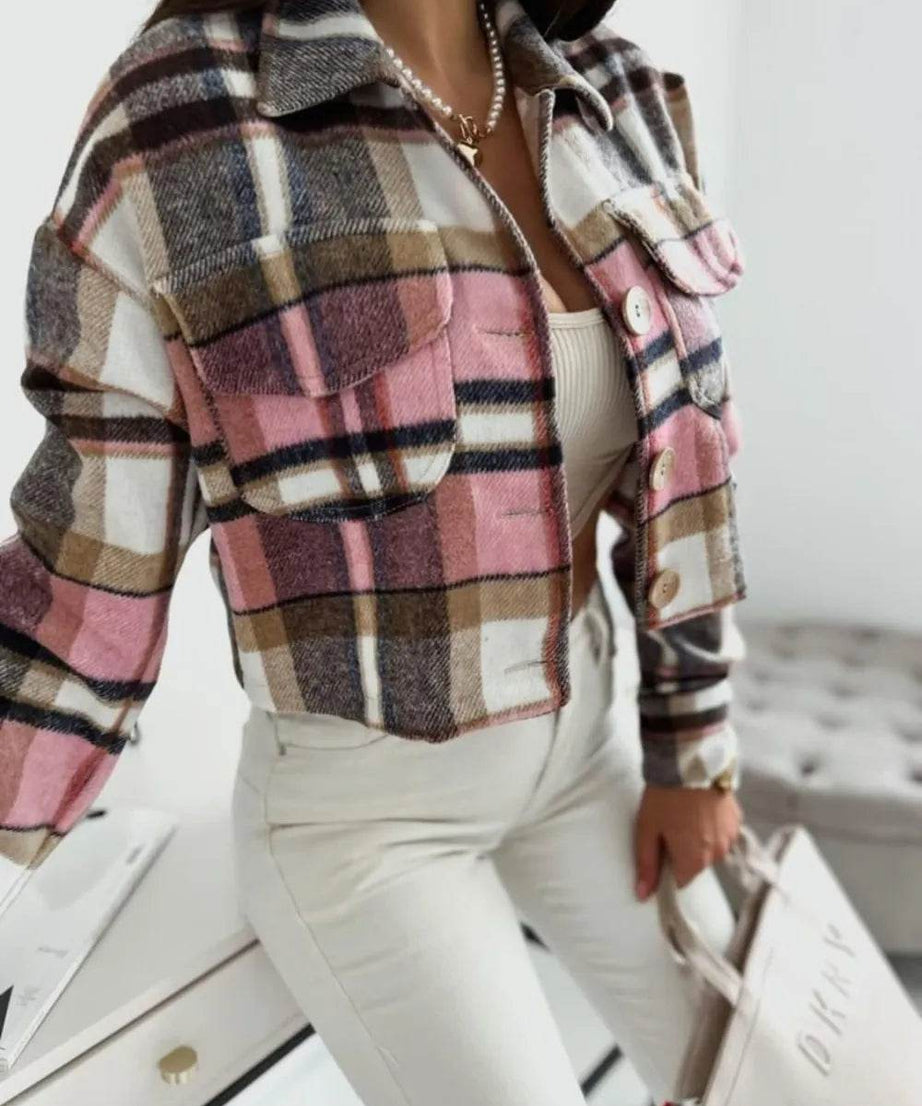 Pocketed Collared Neck Long Sleeve Plaid Jacket - ELY VESSA LLC