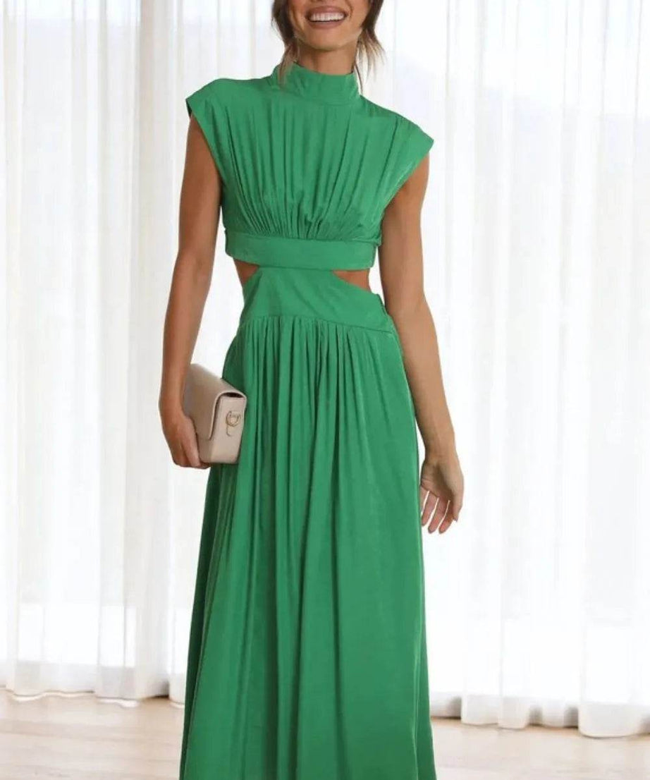 Cutout Mock Neck Sleeveless Ruched Dress - ELY VESSA LLC