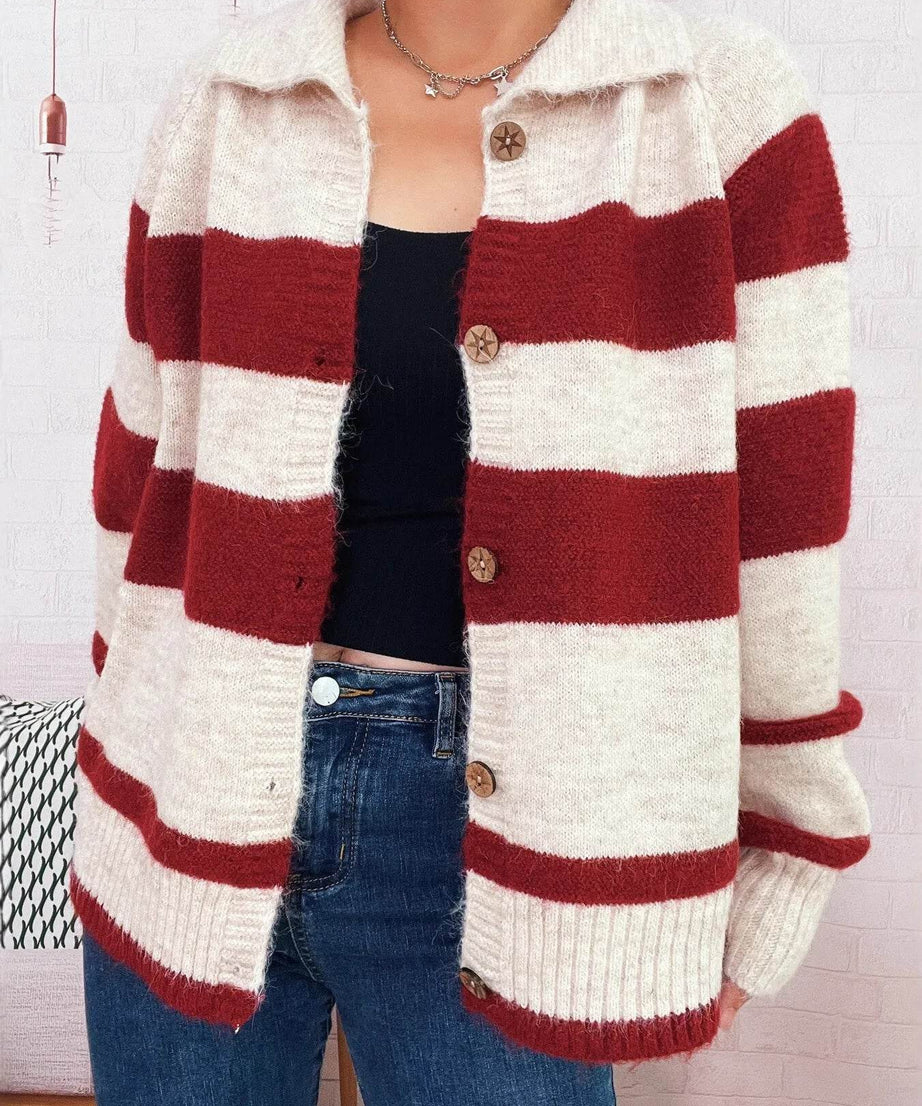 Striped Button-Up Cozy Cardigan - ELY VESSA LLC