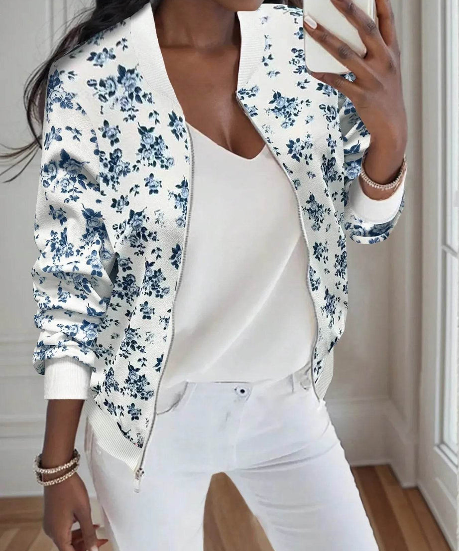 Printed Zip Up Long Sleeve Jacket - ELY VESSA LLC