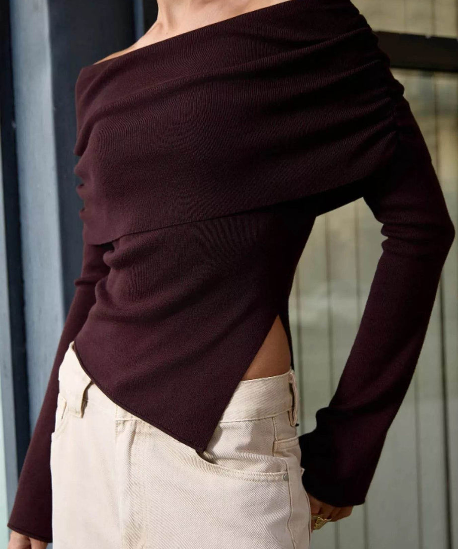 Asymmetrical Hem Off-Shoulder Long Sleeve Knit Top - ELY VESSA LLC