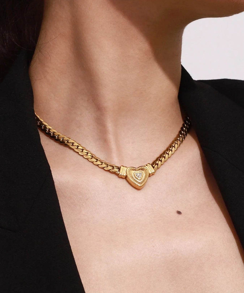 18K Gold-Plated Inlaid Zircon Heart Chain Necklace - ELY VESSA LLC