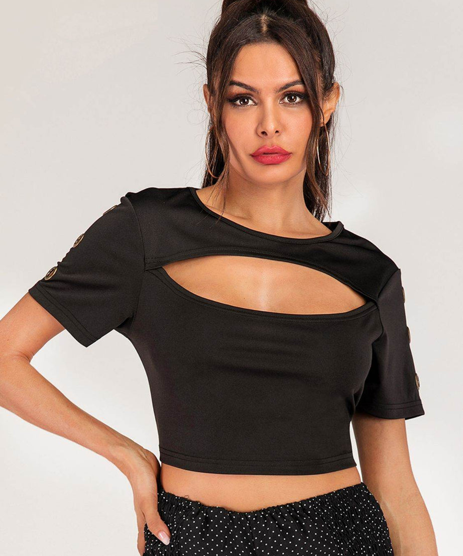 Cutout Grommet Detail Cropped Tee - ELY VESSA LLC