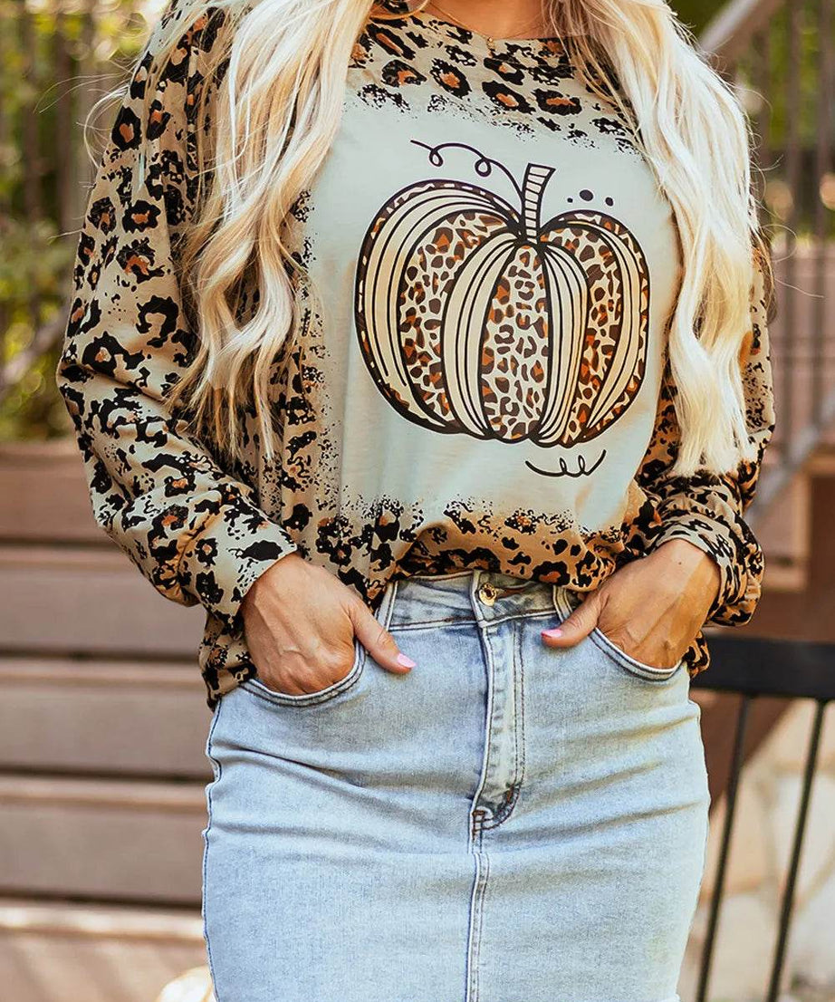 Pumpkin Graphic Leopard Round Neck Long Sleeve Sweatshirt - ELY VESSA LLC