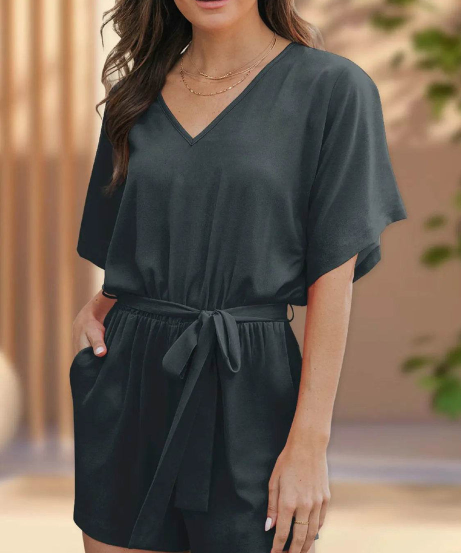 V-Neck Half Sleeve Tie Waist Romper - ELY VESSA LLC