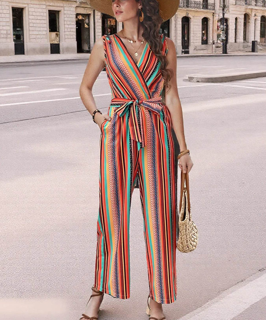 Striped Sleeveless Tie Waist Jumpsuit - ELY VESSA LLC