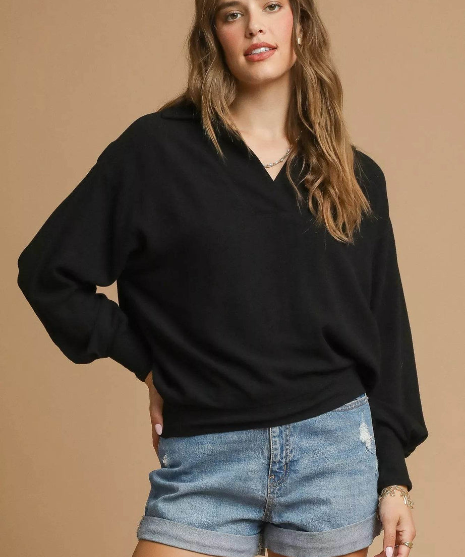 Umgee Linen Long Sleeves Elastic Hem Blouse - ELY VESSA LLC