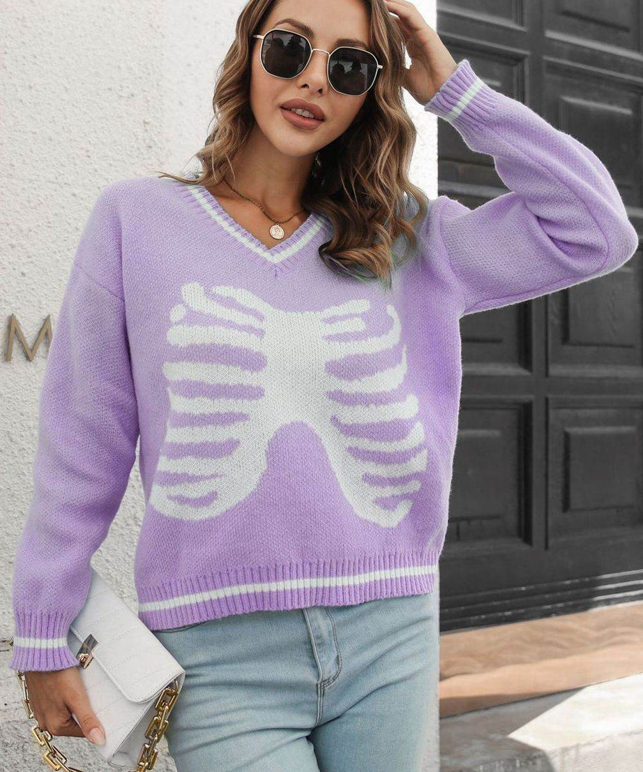 Skeleton Pattern V-Neck Long Sleeve Pullover Sweater - ELY VESSA LLC