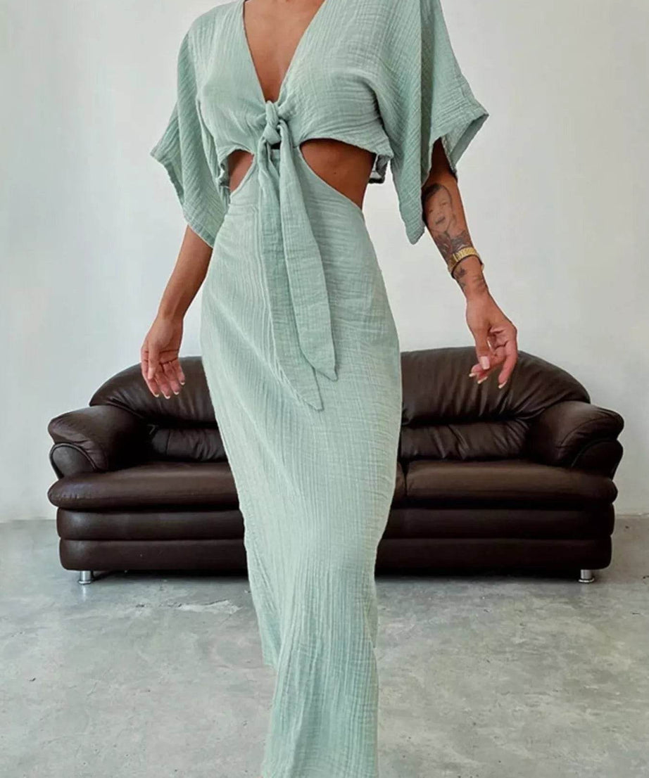 Tie Front Cutout Maxi Dress - ELY VESSA LLC