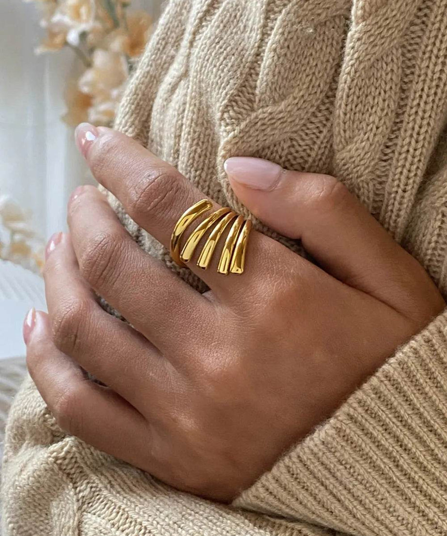 18K Gold-Plated Stainless Steel Irregular Lines Open Ring - ELY VESSA LLC