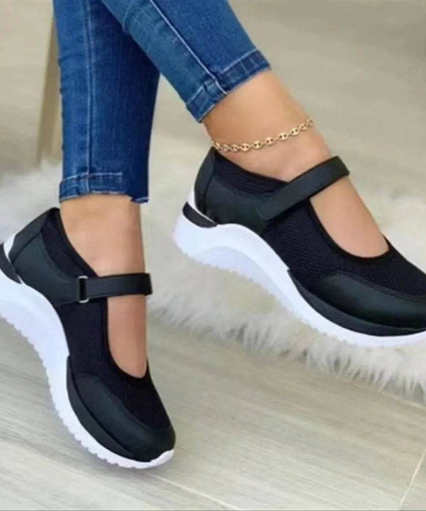 Velcro Strap Round-Toe Wedge Sneakers - ELY VESSA LLC