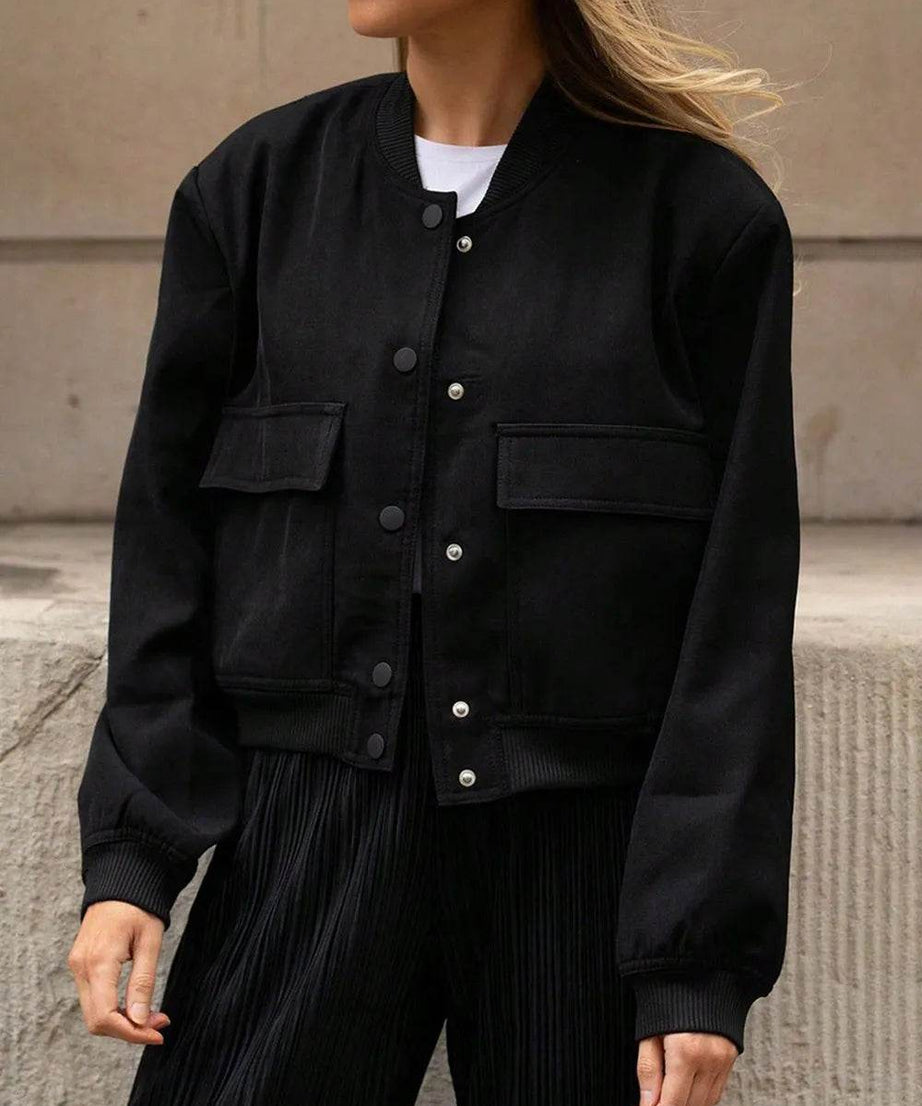 Pocketed Snap Down Baseball Collar Jacket - ELY VESSA LLC