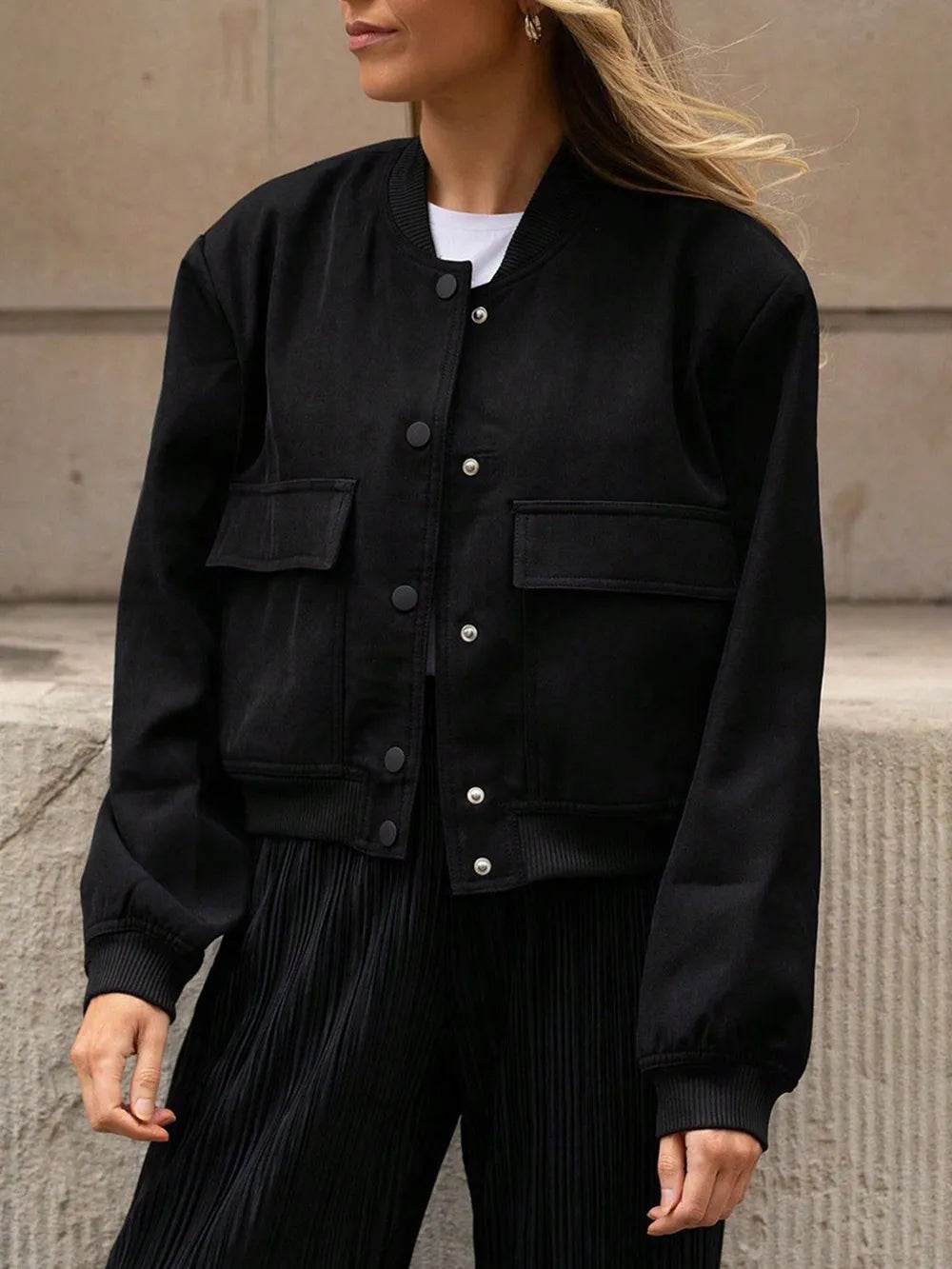 Pocketed Snap Down Baseball Collar Jacket - ELY VESSA LLC