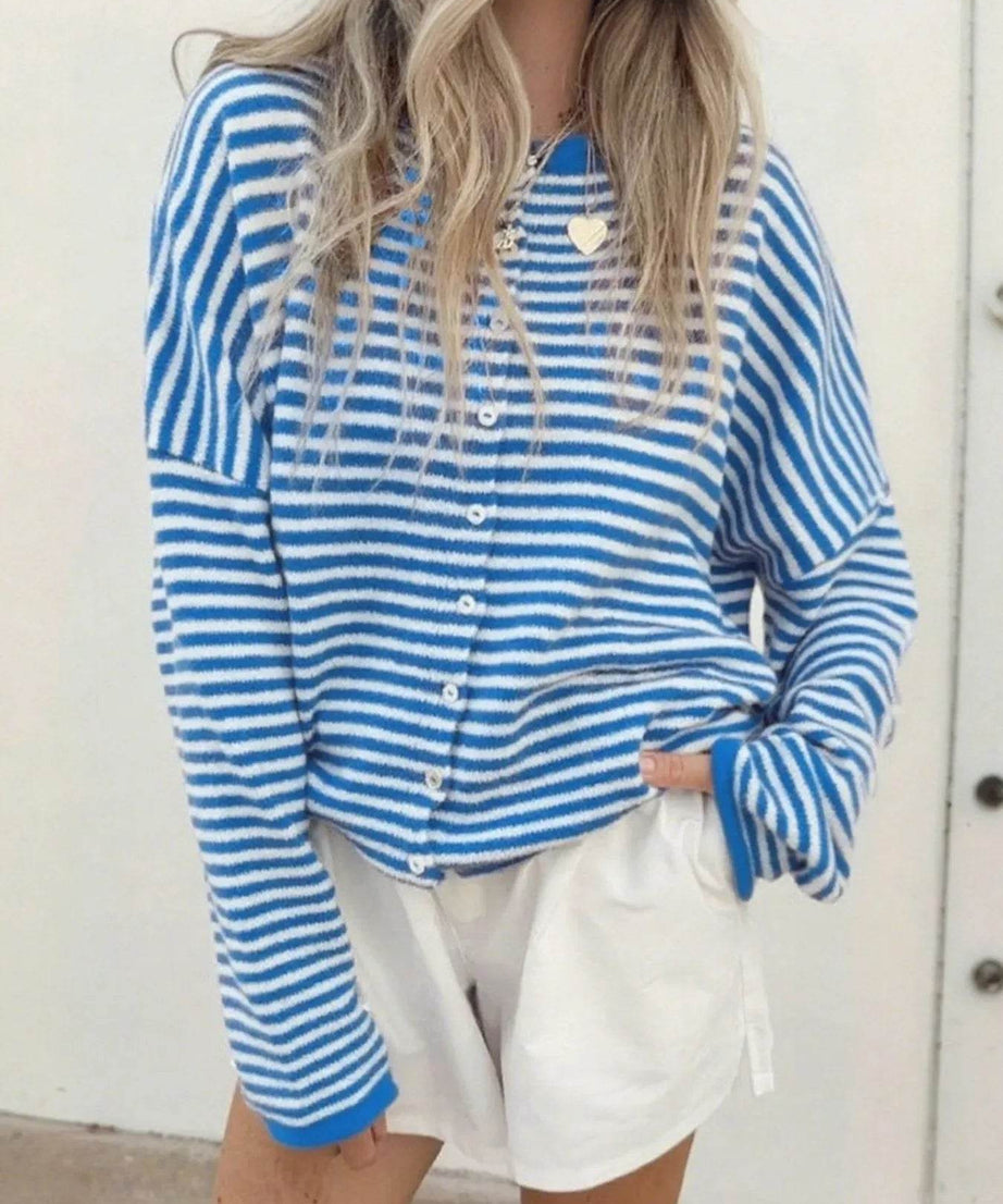 Striped Button Front Long Sleeve Cardigan - ELY VESSA LLC