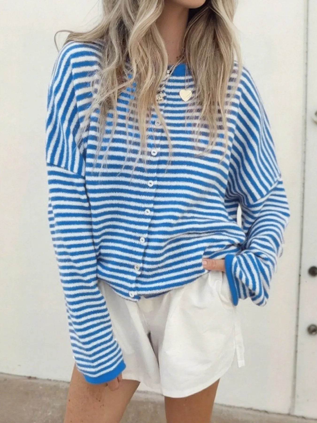 Striped Button Front Long Sleeve Cardigan - ELY VESSA LLC
