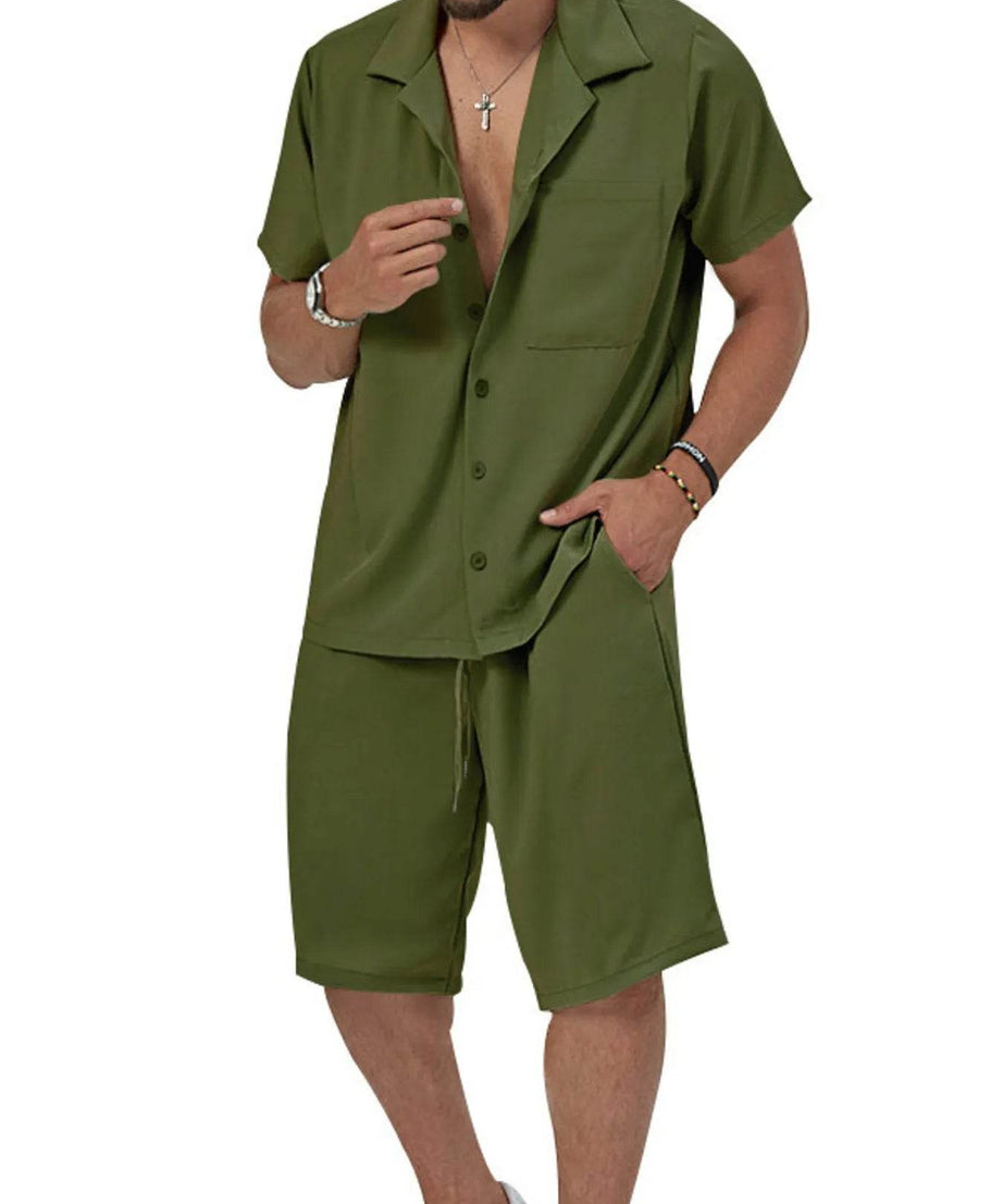 Men's Plus Size Button Up Short Sleeve Shirt and Shorts Set - ELY VESSA LLC