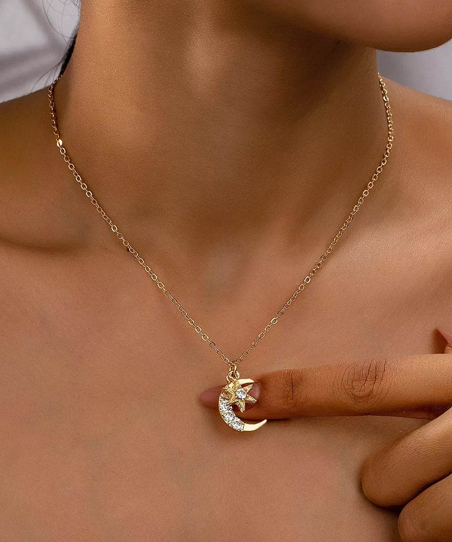 18K Gold-Plated Rhinestone Star & Moon Necklace - ELY VESSA LLC
