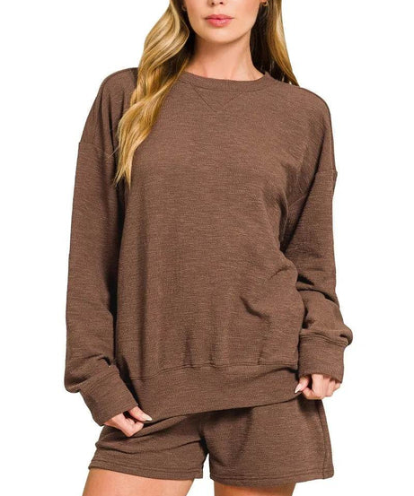 Zenana Slub Long Sleeve Top and Shorts Set - ELY VESSA LLC