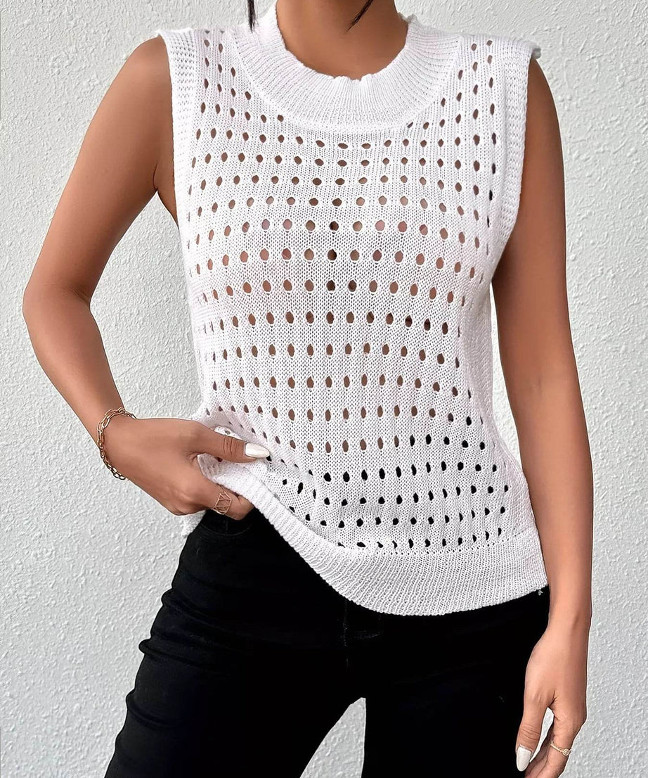 Hollow Out Round Neck Knit Tank - ELY VESSA LLC