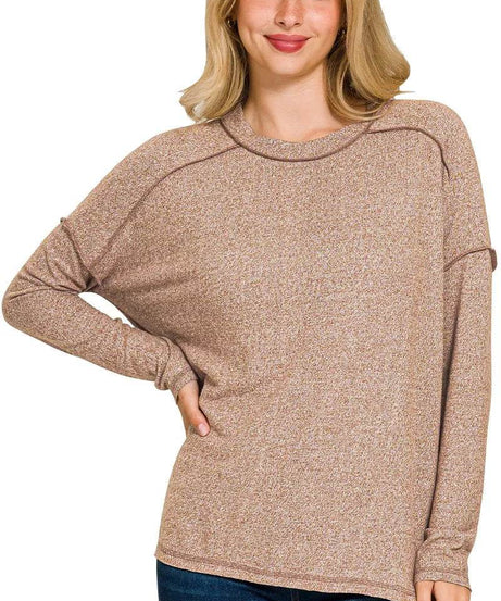 Zenana Full Size Melange Hacci Exposed Seam Hi-low Tee Plus Size - ELY VESSA LLC