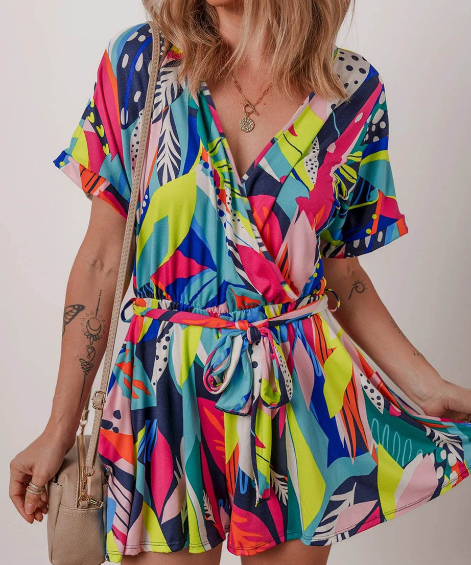 Multicolour Tropical Printed Surplice Neck Tie Waist Romper - ELY VESSA LLC