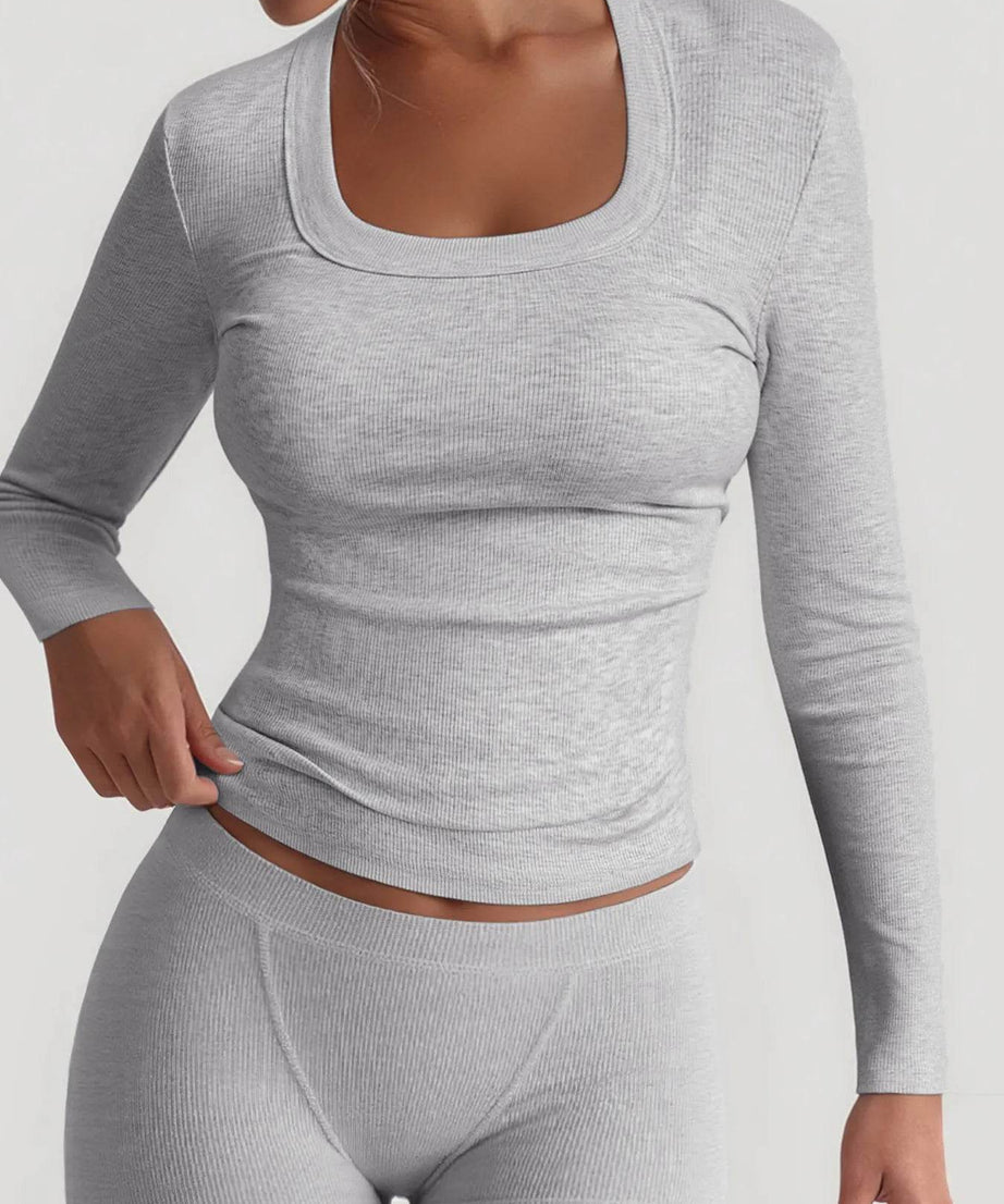 Square Neck Long Sleeve Top and Shorts Set - ELY VESSA LLC