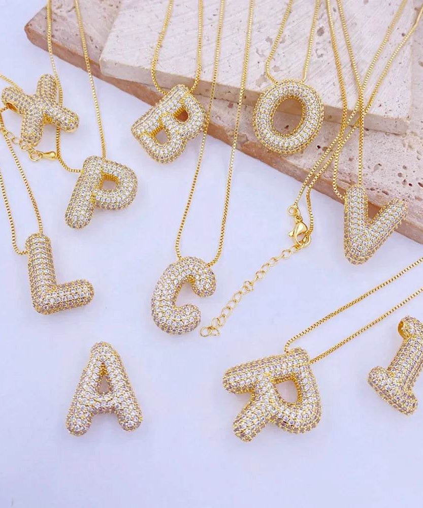 Inlaid Zircon Bubble Initial Necklace - ELY VESSA LLC