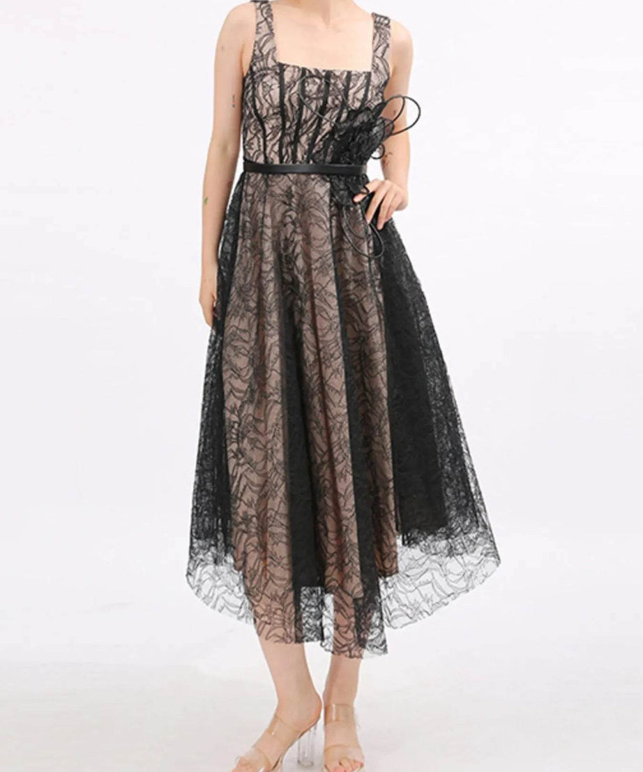 Lace Square Neck Midi Dress - ELY VESSA LLC