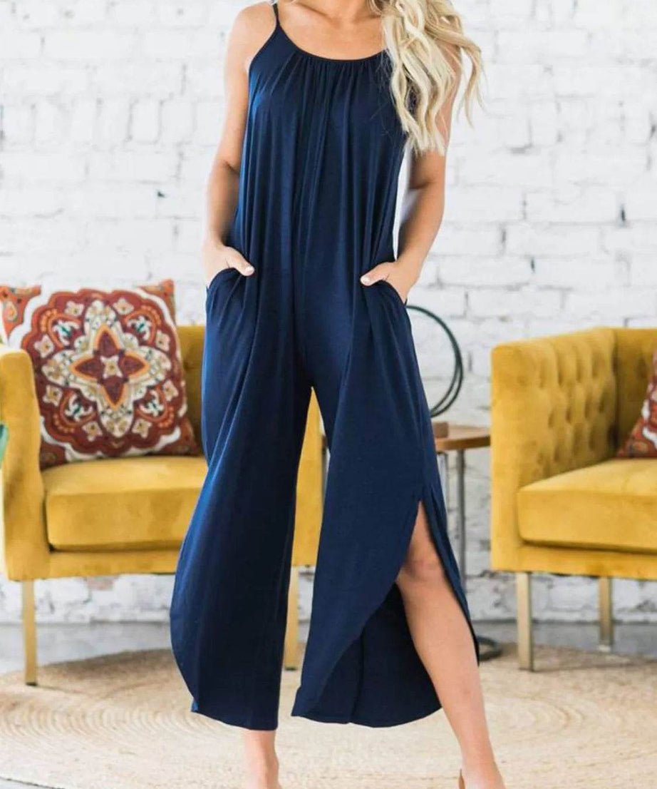 Slit Spaghetti Strap Jumpsuit with Pockets - ELY VESSA LLC